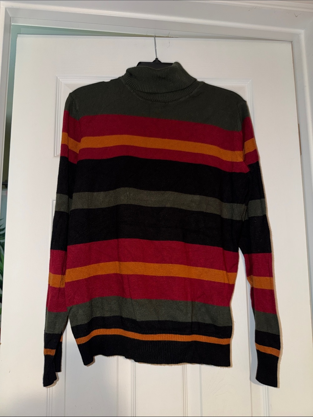 Joseph A Women’s Turtleneck Sweater in Olive, Black, Red & Gold Stripe